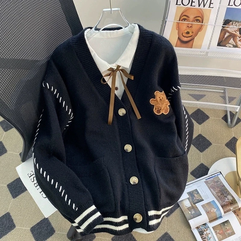 College Style Cute Cartoon Embroidery Cardigans Women Korean Stringing Fashion Sweater Jacket Japanese Style Kawaii Knitted Tops