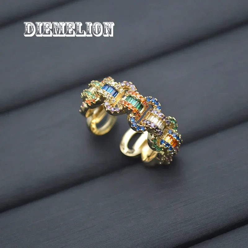 Chic Dazzling Cuban Link Chain Rings for Women Full Pave Rainbow Zirconia Tennis Ring Fashion Accessories Hiphop Rock Jewelry