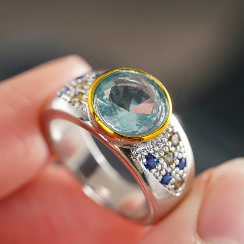 Huitan Vintage Two Tone Light Blue Cubic Zirconia Rings for Women Retro Bohemia Daily Party Lady Finger Rings Luxury Jewelry