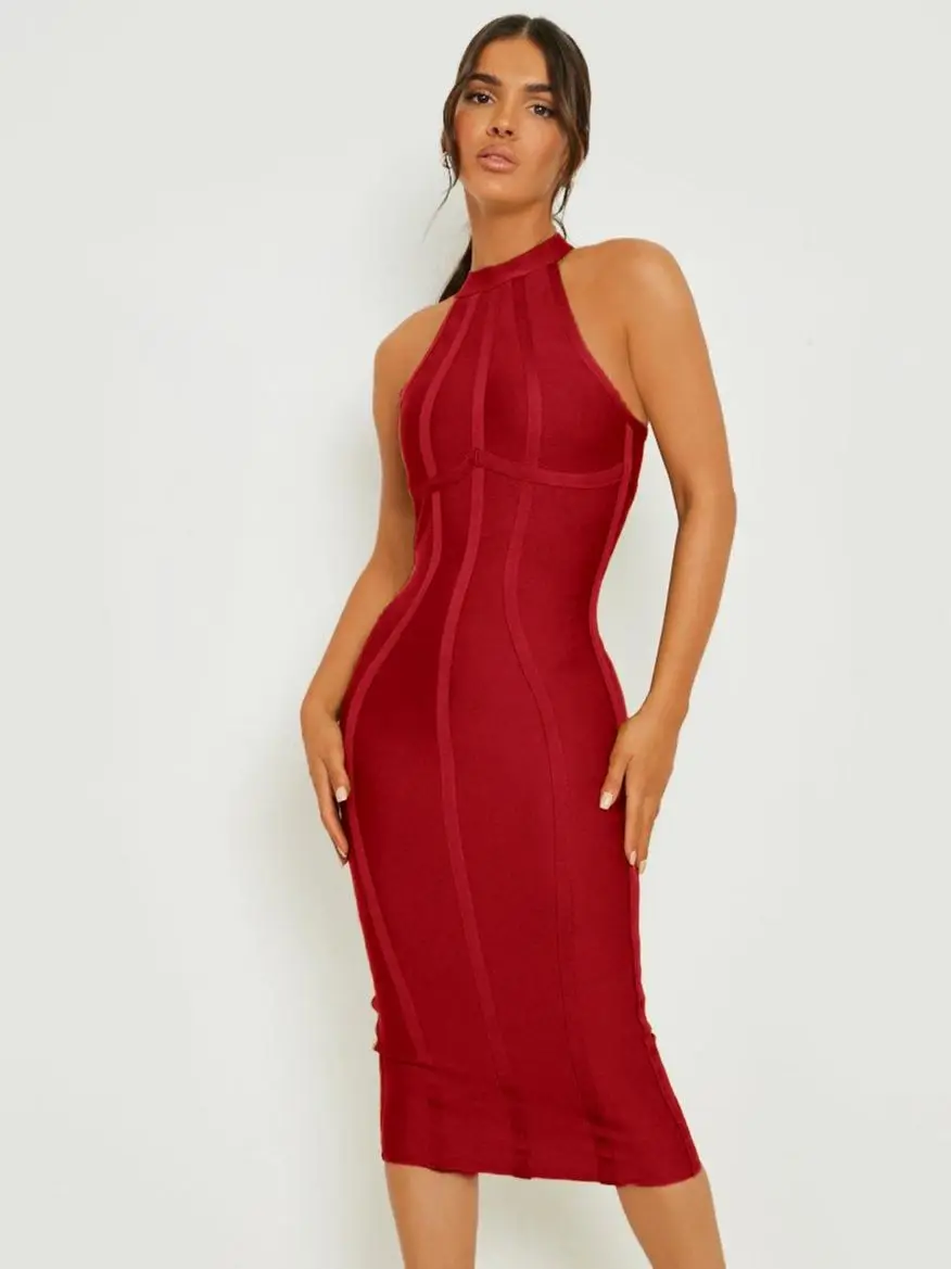 Vestido rojo vino de alta calidad, vestido de noche ajustado con cremallera y tanque de verano, vestido Bandage Vintage para mujer, Vestidos de fiesta XL 2025