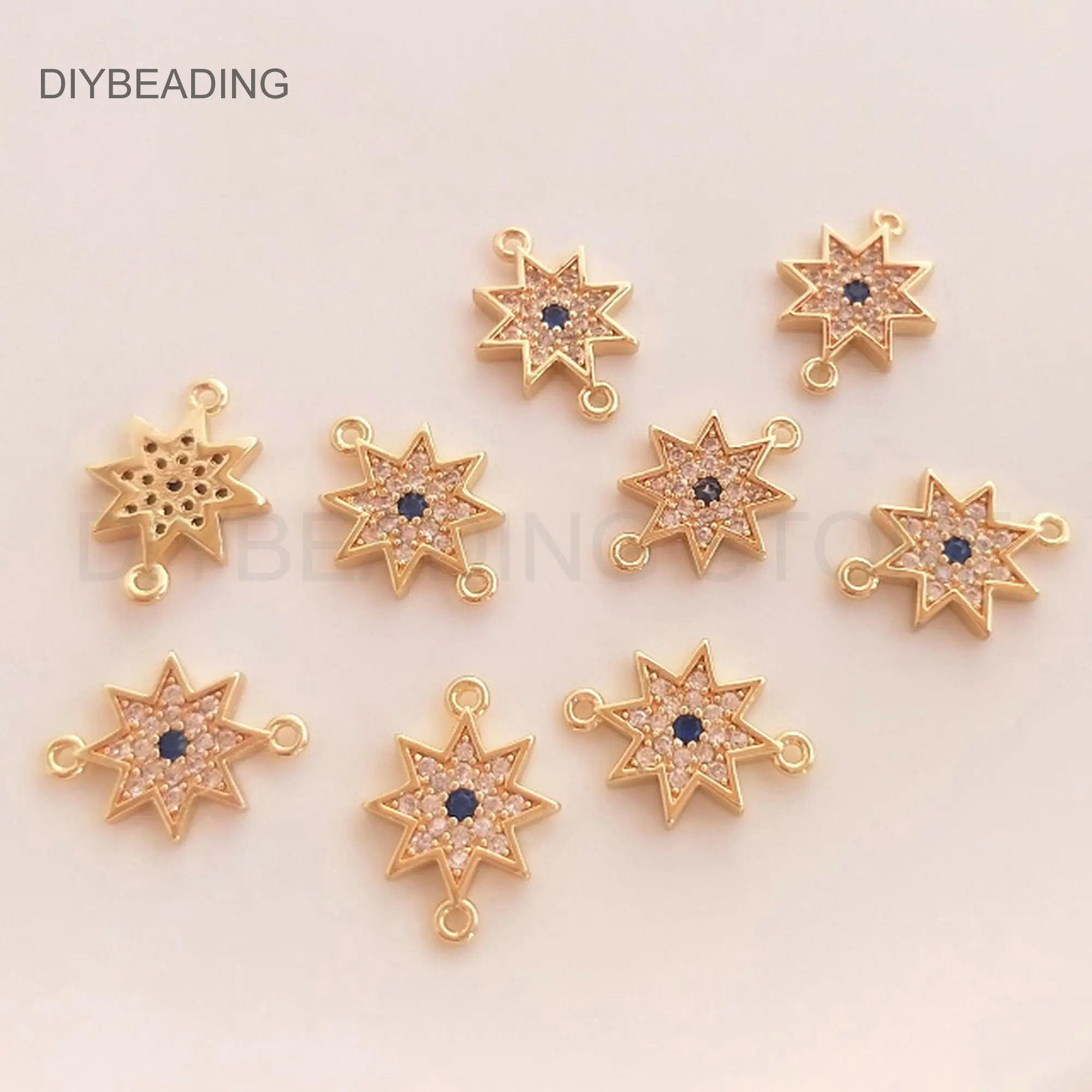 Cubic Zircon Connector Charms for DIY Earring Making 14K Gold Plated Brass and CZ Shiny Octagonal Star Finding Wholesale