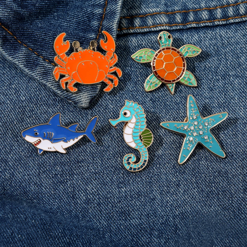 Pretty Seahorse Starfish Sea Turtle Shaped Brooches Cute Crab Shark Enamel Pins Marine Animal Badge