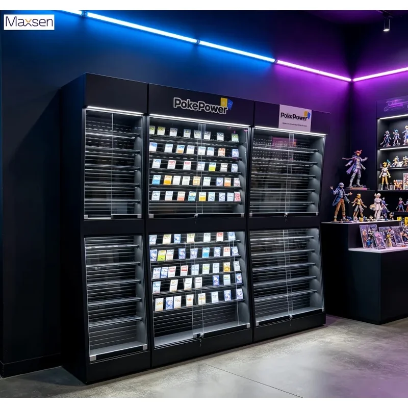custom.Maxsen Black Lockable Glass Trading Card Display Cabinet LED Lighting Countertop/Freestanding TCG Sports Card Game