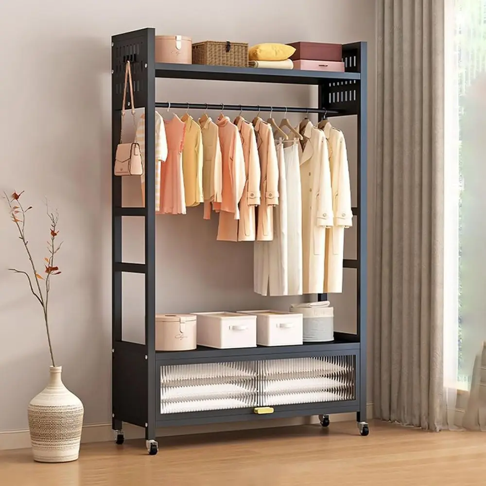 Freestanding Clothes Rack with Storage Cabinet Sturdy Metal Garment Rack with Lockable Wheels 4 Hooks & Shelves Portable Closet