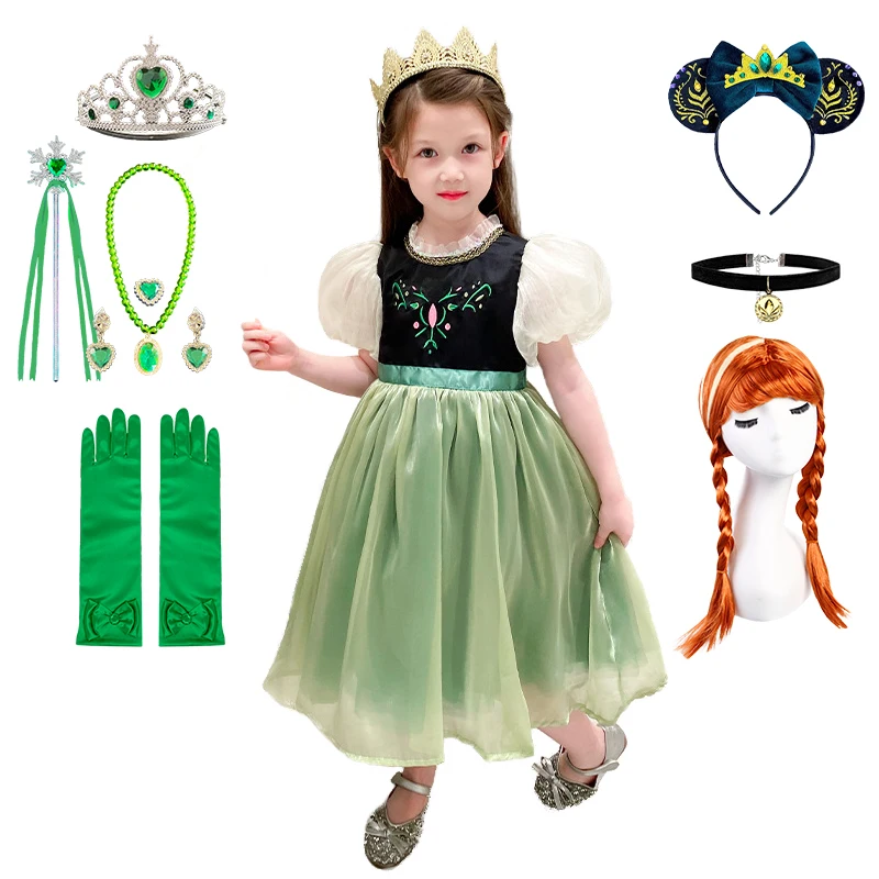 High Quality Halloween Kids Cosplay Puff Sleeve Snow Queen Anna Elsa Princess Dress for Girls Christmas Birthday Party Costume