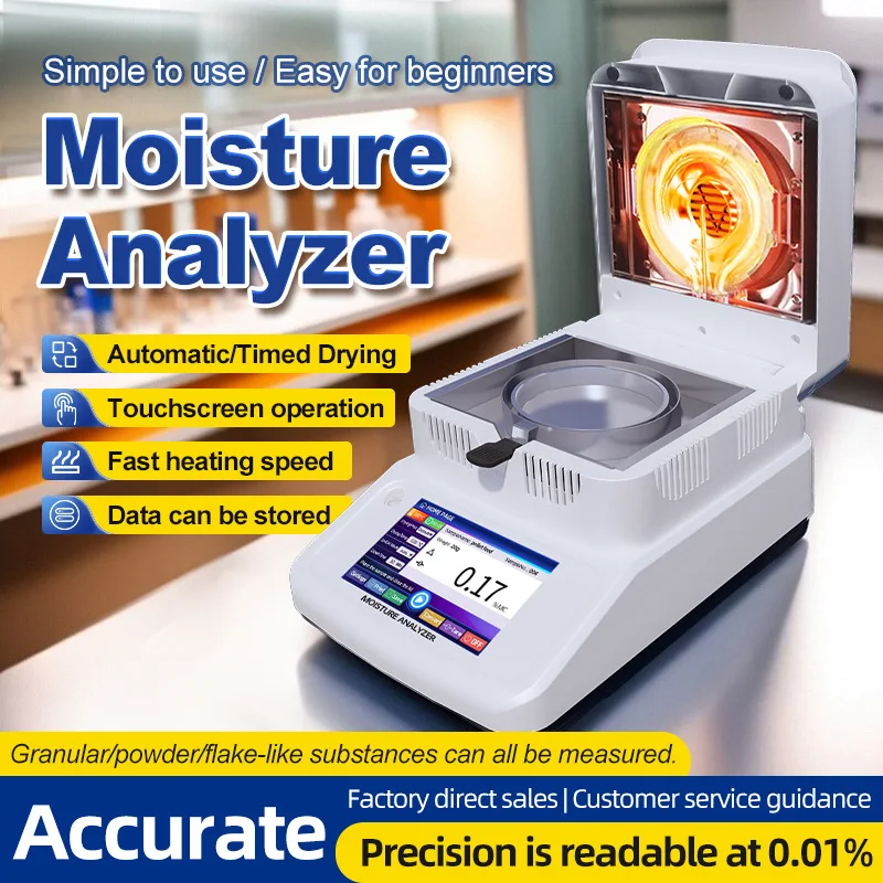 Moisture Meter Tester Tool 120g 0.001g 0.01% Grain Seeds Powder Moisture Analyzer Halogen Heating Touch Screen Humidity Detector