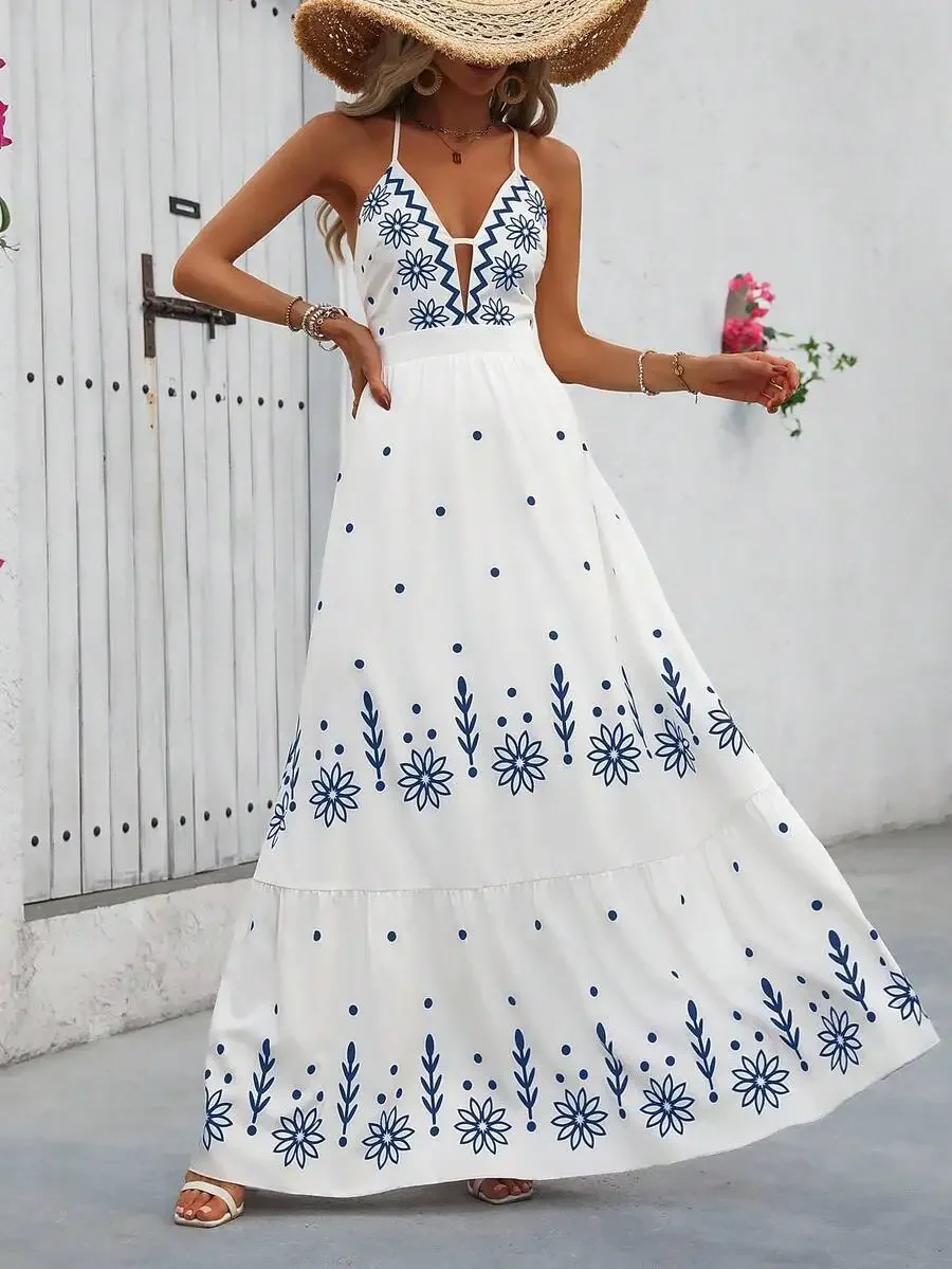 

White V-Neck Spaghetti Strap Tiered Maxi Dress With Blue Embroidered Daisies, Dot Pattern, And Leaf Motifs For Summer Beach Wear
