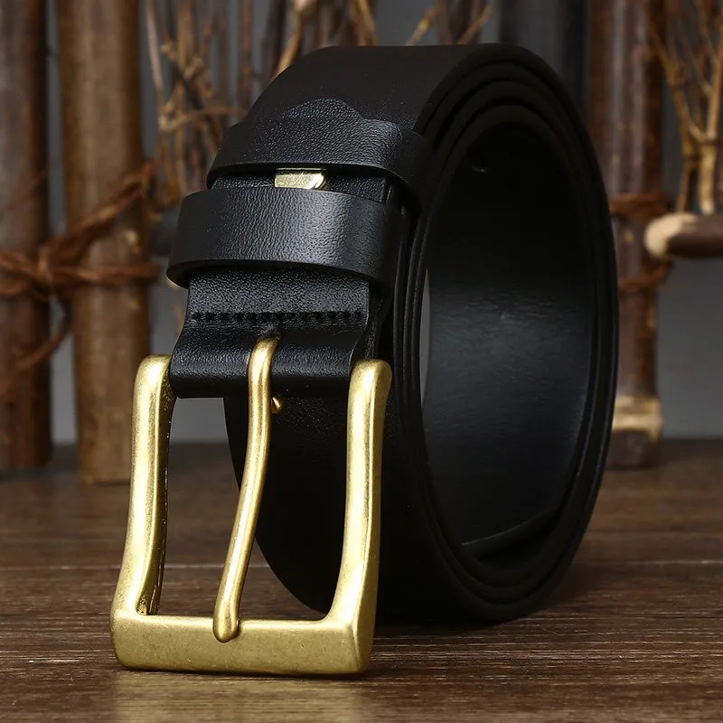38CM wide pure copper through-dyed belt men's leather needle top layer cowskin simple smooth casual