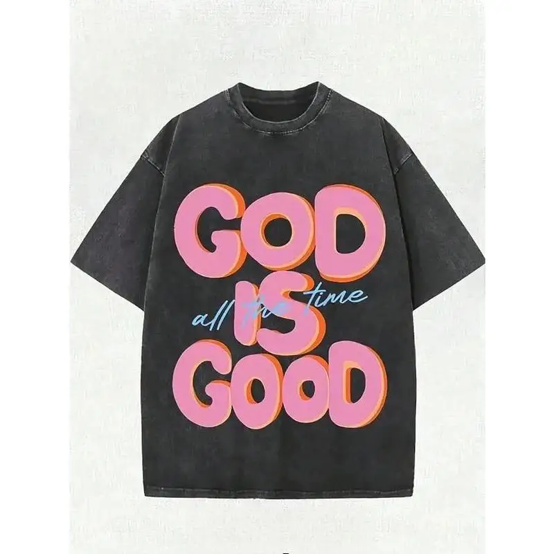 

Women Oversized God Is Good All The Time T-Shirt, Christian Faith Print Vintage Washed Loose Casual Streetwear Top