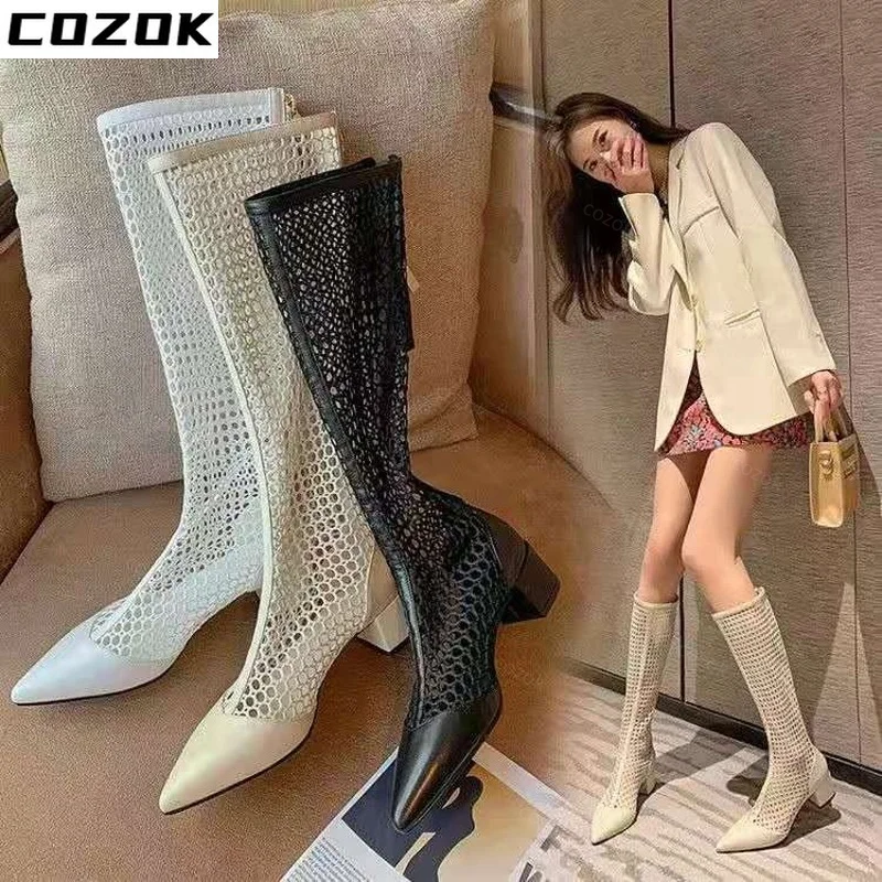 

Cool Mesh Boots Women's Summer Stovepipe Season Boots 2022 Thick Heel Mesh Boots Pointed Mid-heel Mesh High Boots Long Sandals