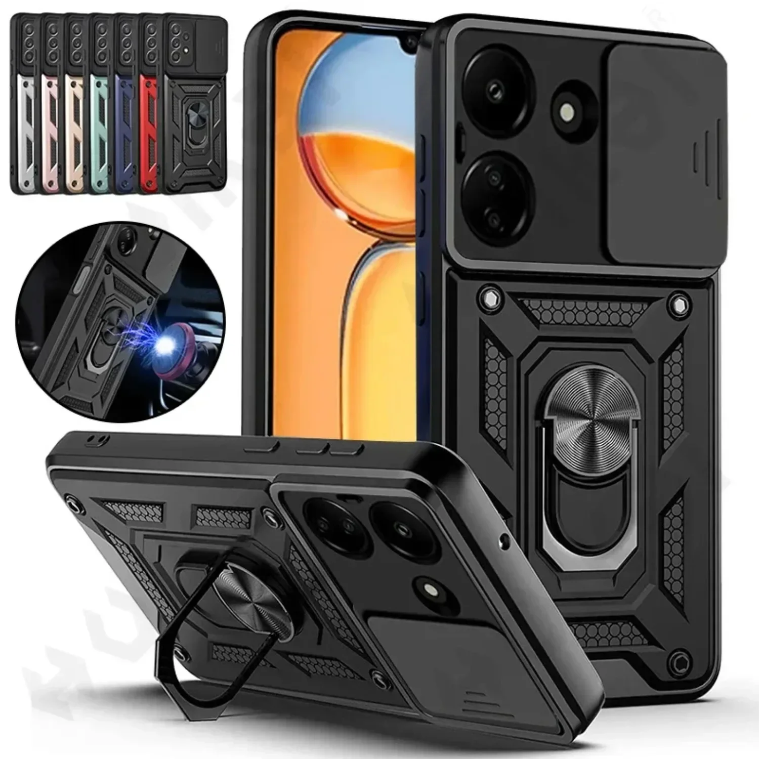 

Armor Magnetic Phone Case for Redmi Note 14 Pro Plus 5G Slide Lens Protection Shockproof Back Cover for Redmi Note 14 4G 163 164