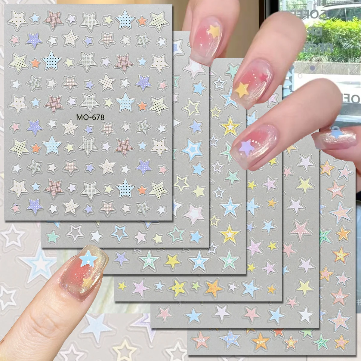 3/6/12 Blatt 5D-Stern-Nagelkunst-Aufkleber, pastellfarbene, karierte Sterne, holografisch geprägte, selbstklebende Nagelaufkleber für süße Heimwerker