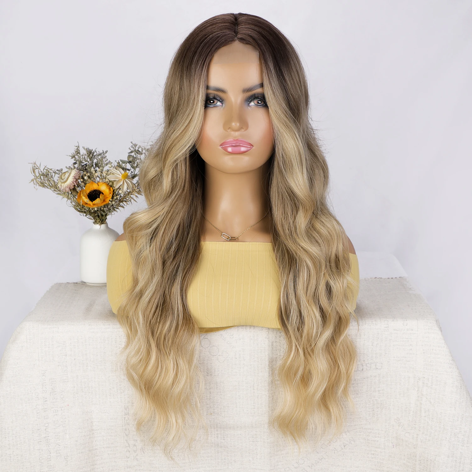 

Synthetic Long Blonde Wigs for Women 26 Inch Ombre Curly Wavy Wig Middle Part Small Lace Natural Looking for Women Daily Use