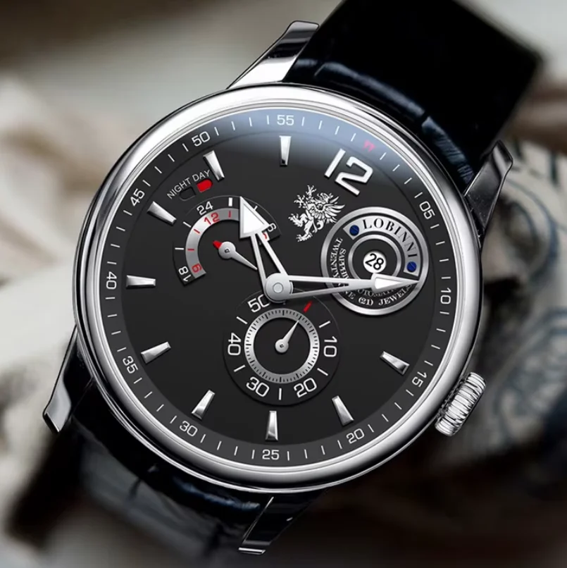 LOBINNI Men Automatic Watch 42mm Mechanical Wristwatch Waterproof Sapphire Mirror 24 Hours Small Second Dial Day & Night Display