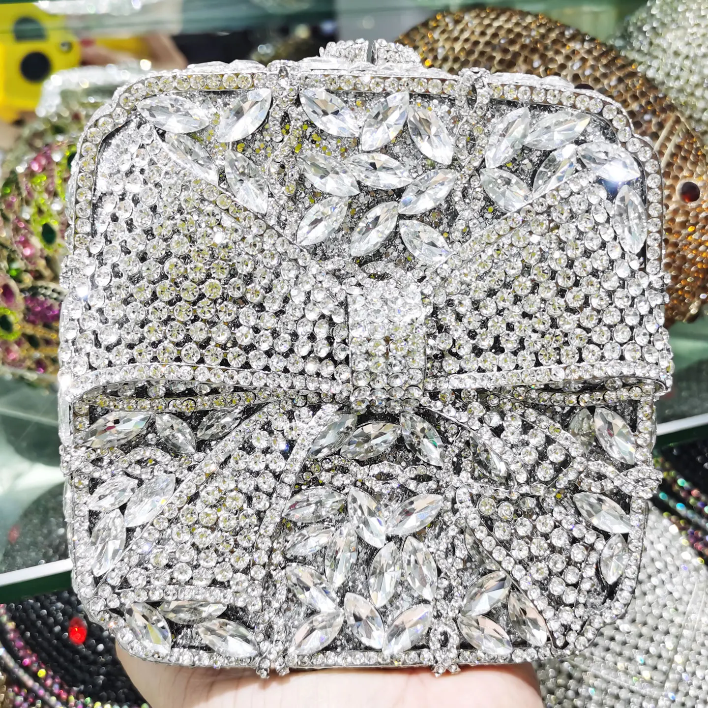 KHNMEET Silver Bowknot Designer Fashion Box Party Purse Women Clutch Bags for Ladies Bridal Evening Bags Handbags sm172