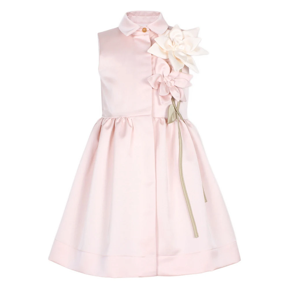 

Girl's Birthday Party Gown 3D Flowers High Collar Ruched Satin Flower Girl Dresses for Weddings A Line Modern Kid's Formal Dress