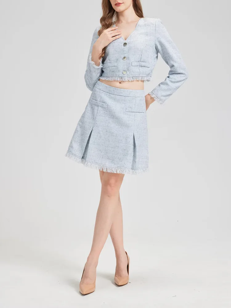 

Новый женский модный универсальный костюм в европейском стиле с v-образным вырезом, куртка с высокой талией, мини-юбка, костюм