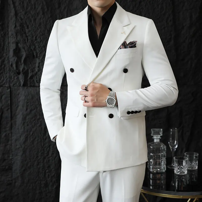 ( Blazers + Pants ) Boutique Fashion Solid Color Double-breasted Men's Casual Business Slim Suit 2-piece Set Groom Wedding Dress - view 2