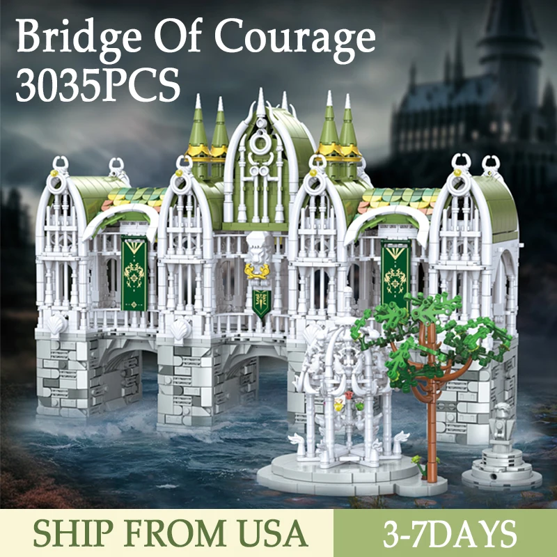 

3035 шт. Elven City Bridge Of Courage, строительные блоки MOC Street View, наборы кирпичей Valley Twilight, модельный комплект, подарки для детей и взрослых