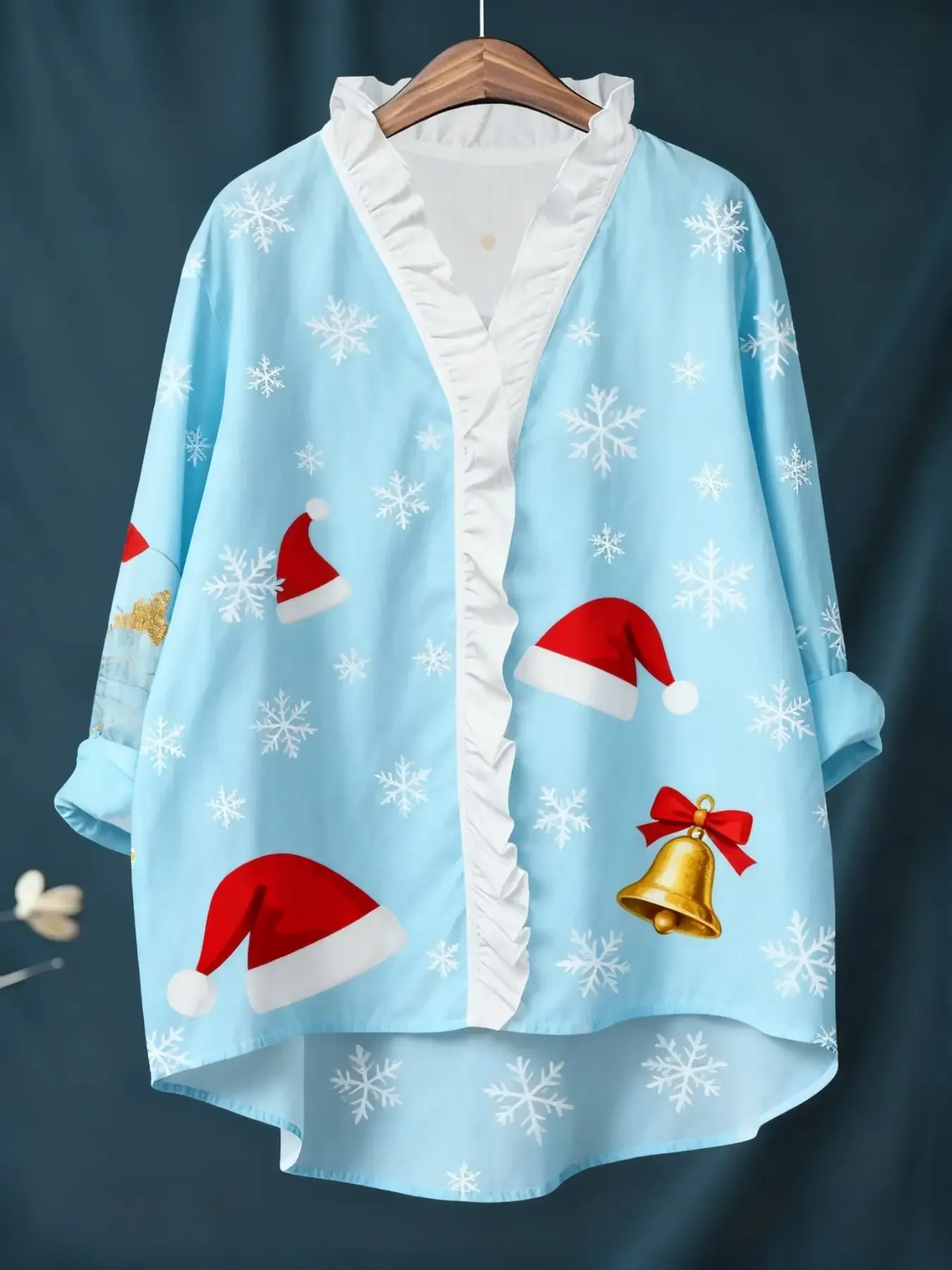 

Women's Christmas digital print new long sleeved shirt with ruffled collar, loose fit, versatile and practical to wear.