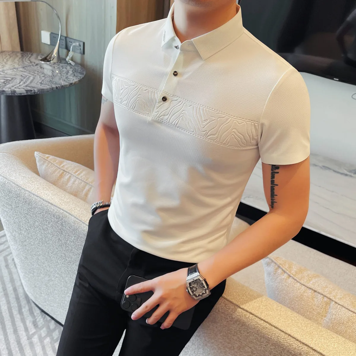 Summer Waffle Plaid Seamless Polo Shirt Men's Short Sleeved Fashion Versatile Casual Polo Shirt Business Social Lapel T-shirt