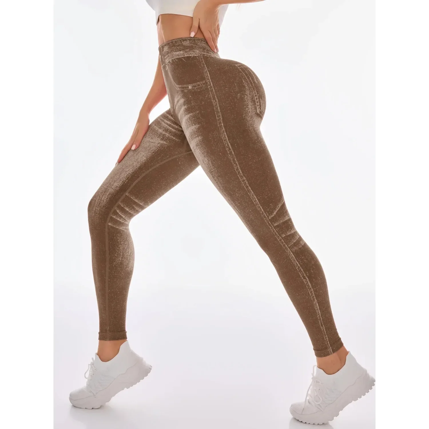 Damskie legginsy z wysokim stanem, drukowane spodnie do jogi, bezszwowe, perforowane spodnie do ćwiczeń z imitacją kieszeni, spodnie do jogi i fitnessu.