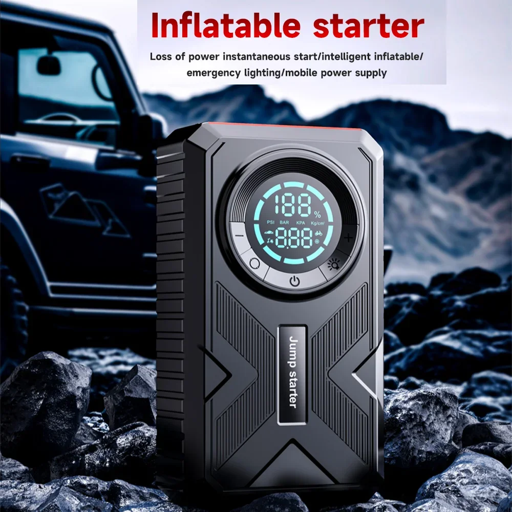 Portable Car Battery Starter Emergency Engine Booster with Air Pump Tire Inflator - Lithium Battery Powered Air Compressor