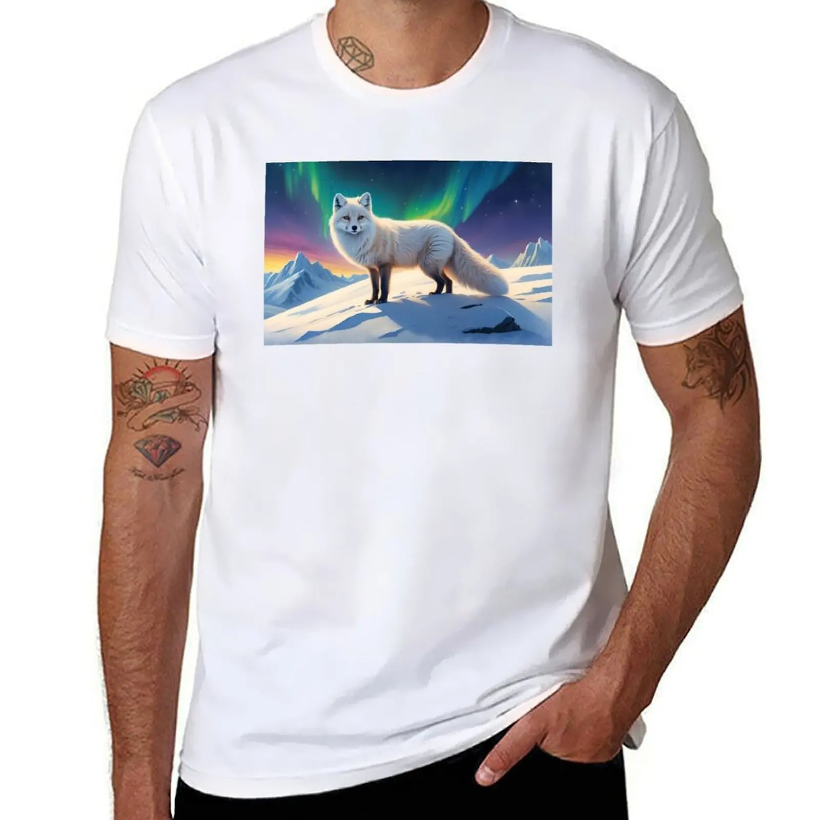 

Golden arctic fox and Northern Lights ( Aurora borealis ) sunset T-Shirt anime t shirts oversize t shirt man luxury T-Shirt
