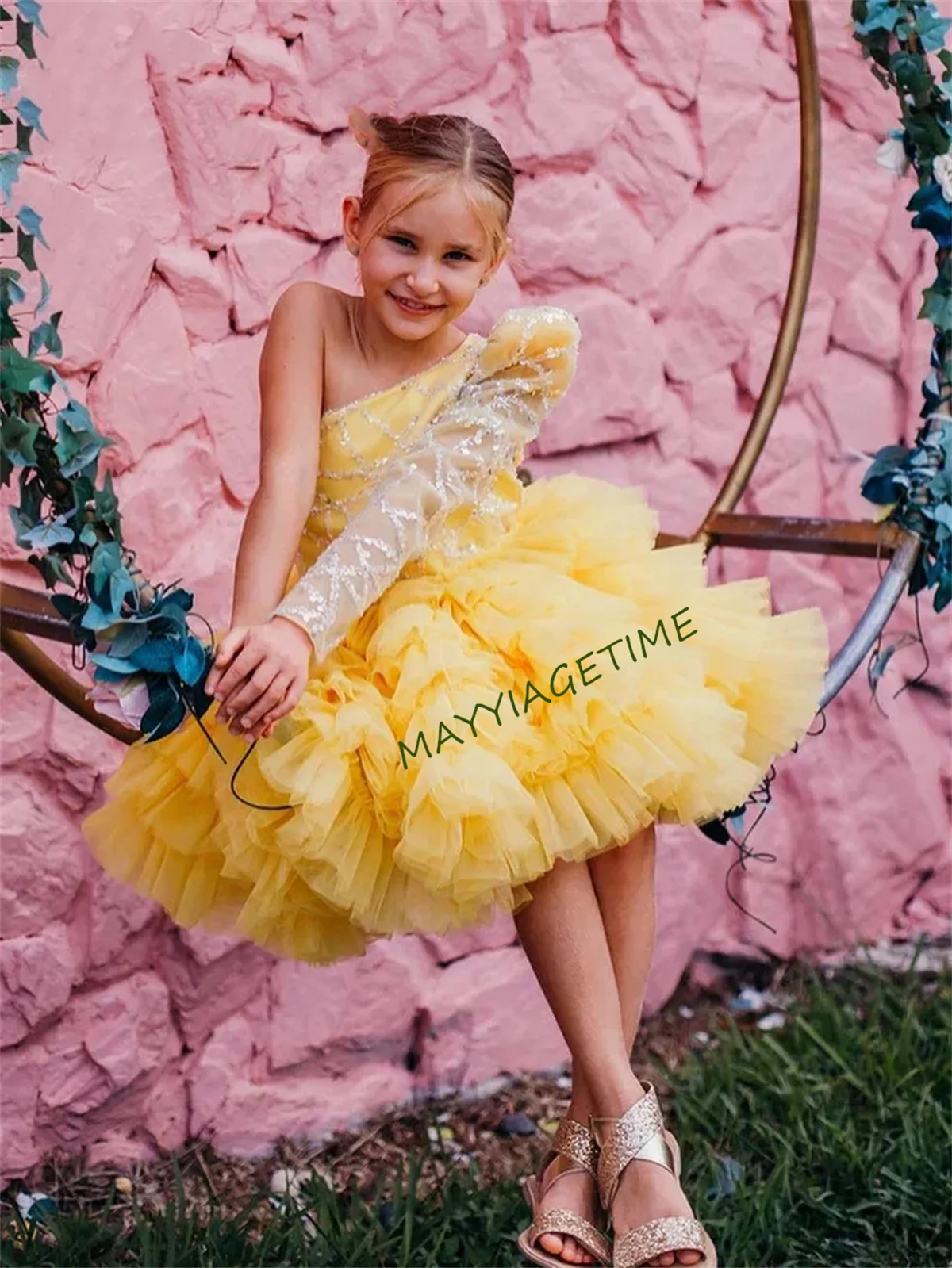 Puffy Baby Girl Dress Yellow Layers Flower Girl Dresses Cute Girl Princess Dress Girl Wedding Party Dress Child Kids Dresses