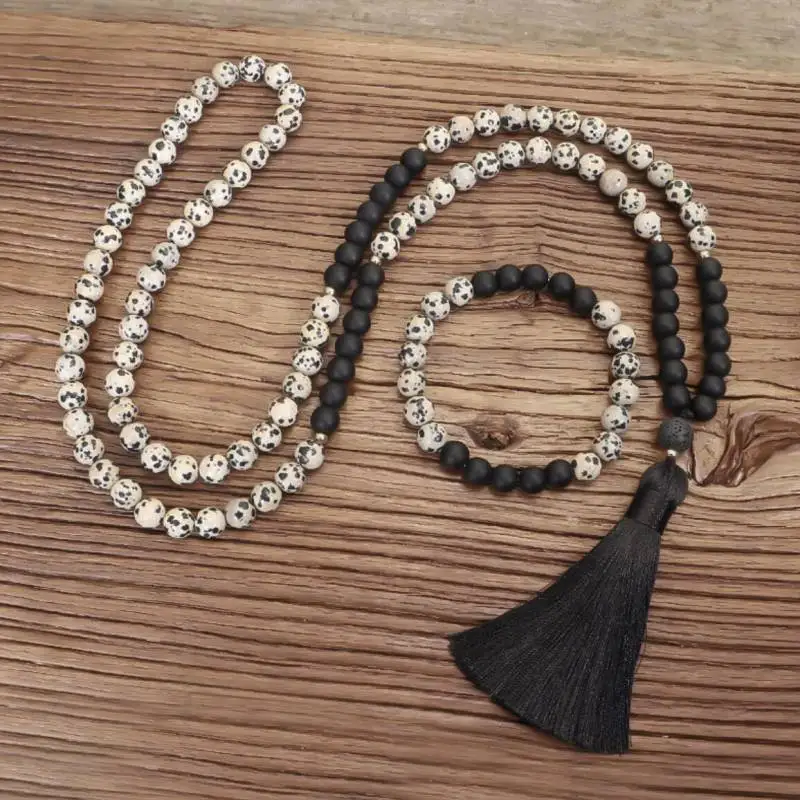 

Natural Dalmatian Jasper 108 Beads Mala Necklace with Lava Rock Accent Black Tassel Spiritual Jewelry