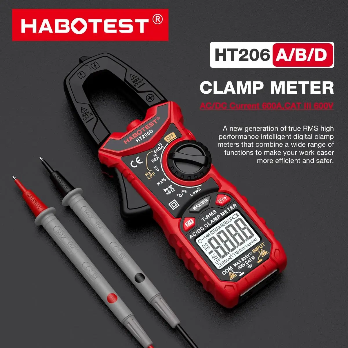 HABOTEST HT206A/HT206B/HT206D 디지털 클램프 미터 DC/AC 전류 600A 멀티미터 전류계 전압 테스터 자동차 앰프 Hz 커패시턴스 썸네일 2