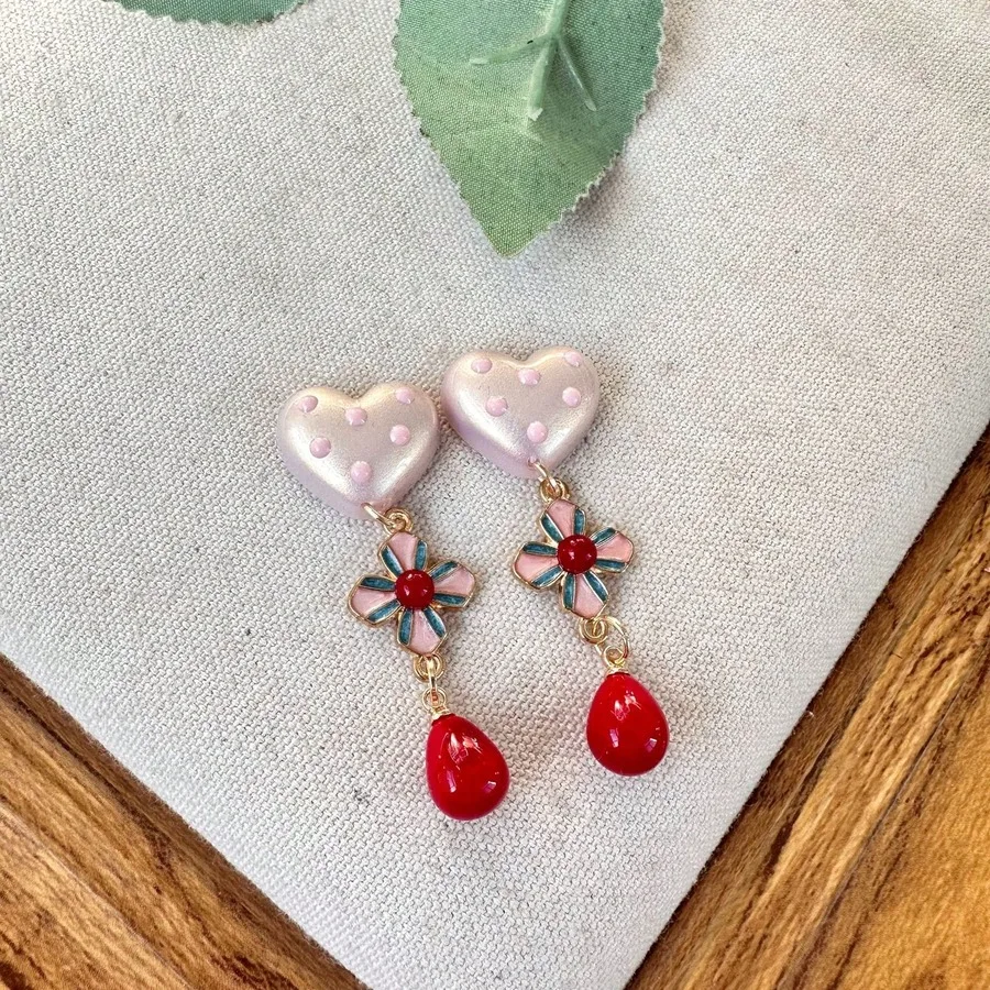 

Retro Heart Floral Drop Earrings For Women, Chinese Style Red Festival Party Jewelry