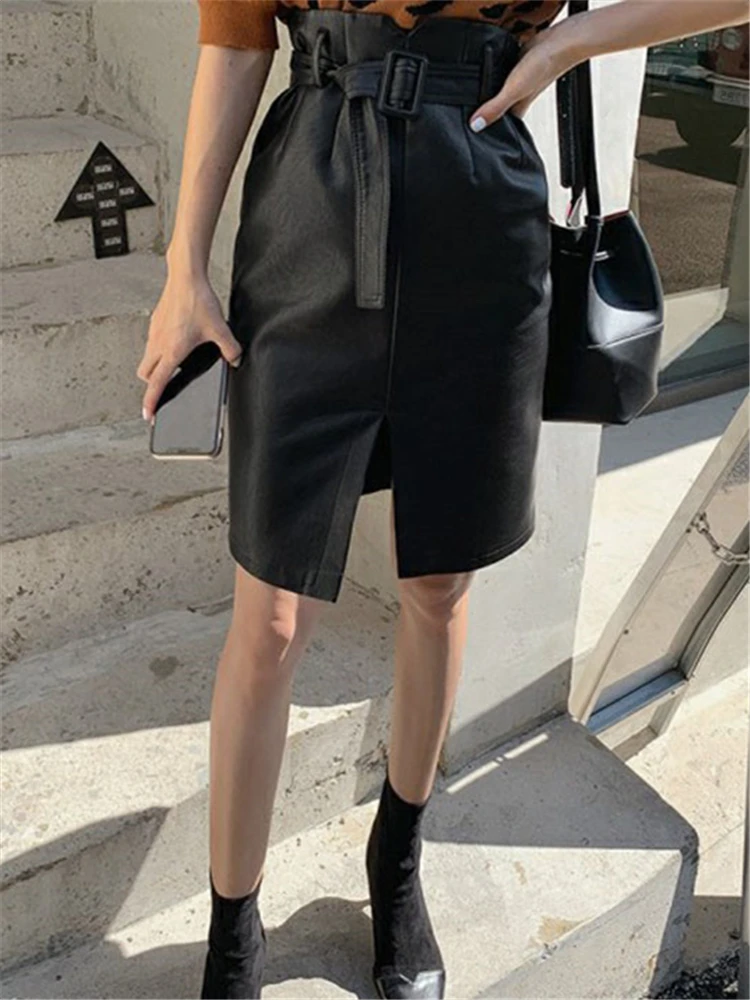 REALEFT 2022 New Autumn Winter Women Black PU Leather Pencil Midi Skirt Chic High Waist Split Sheath Wrap Skirt with Belt Female