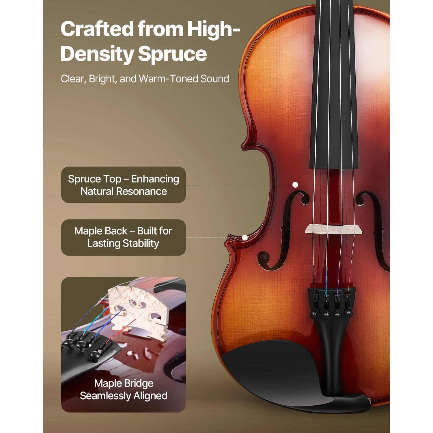 Violin 4/4 Full Size for Adults, Violin Fiddle Set for Beginners Student with Hard Case, Rosin, Bow, Shoulder Rest, Bridge, Extra Strings, Professional Solidwood Instrument (Glossy Brown)