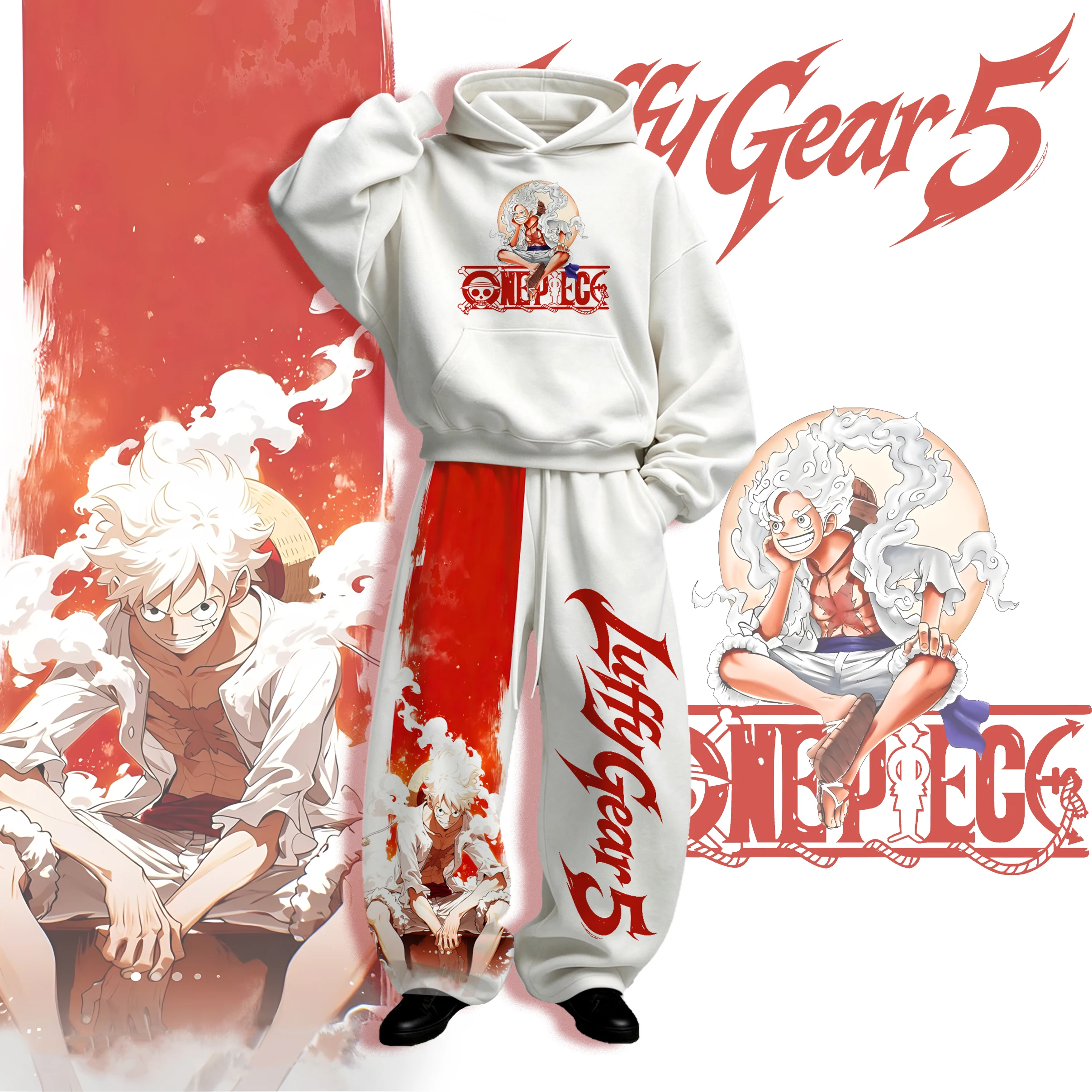 Autumn/Winter 2026 New One Piece Luffy Black Hoodie Pants 2-Piece Set Oversized Comfortable Casual Sports Set Men's Hoodie Set
