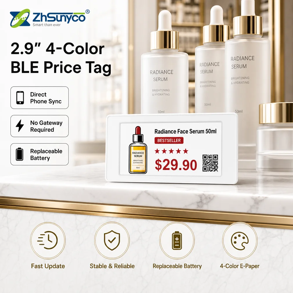 Elektroniczna etykieta regałowa BLE o przekątnej 2,9 cala, z wyświetlaczem e-ink w 4 kolorach, cyfrowe etykiety cenowe do sklepów detalicznych.