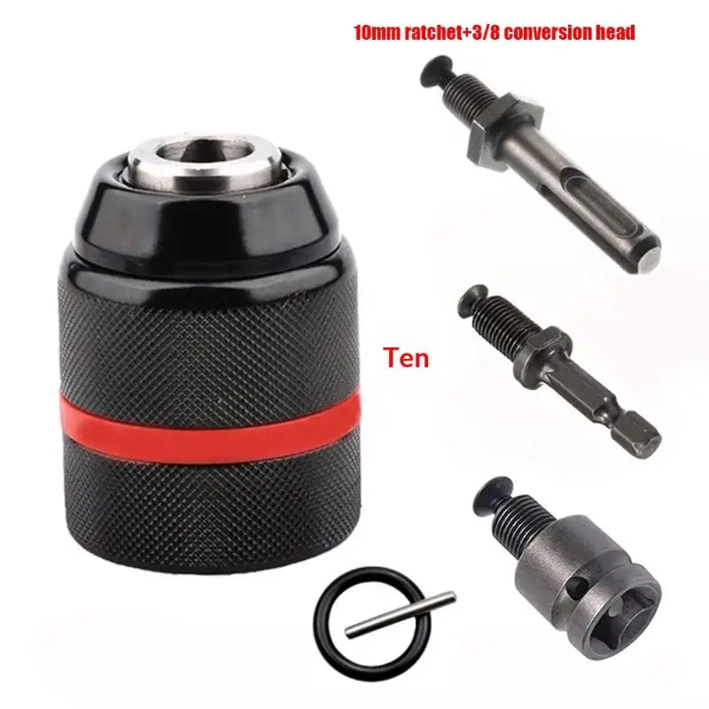 4pcs/set,0.8~10mm Ratchet Self-locking Drill Chuck,3/8-24UNF Thread 3Jaw Metal Keyless Chuck,Power Chuck For Drill Bits&Sleeve