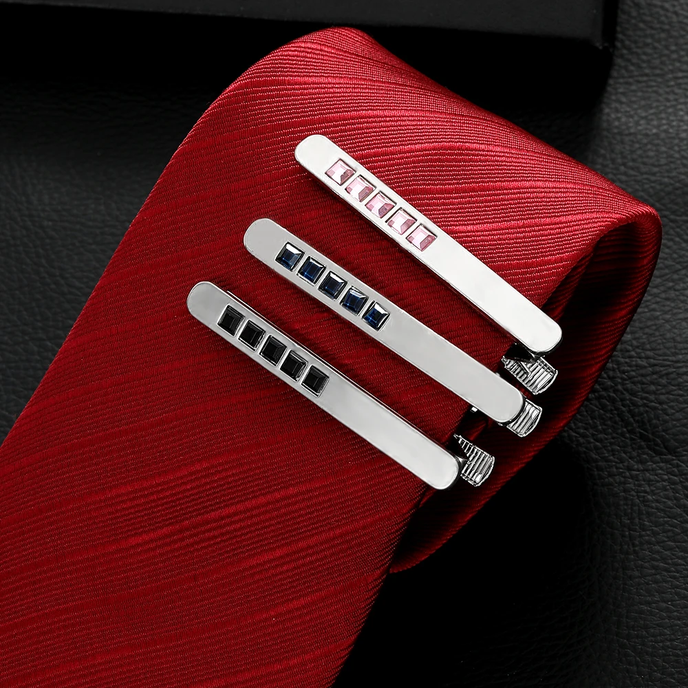 6Styles Funny Red Black Blue Pink Clear Crystal Paved Mens Tie Clip Classic Formal Party Anniversary Jewelry Accessories