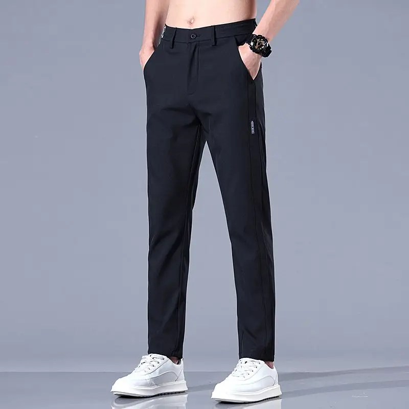 2026 الصيف رقيقة الرجال سليم صالح سراويل تقليدية الكورية نمط لينة تنفس مطاطا الأعمال موضة سراويل طويلة غير رسمية الذكور