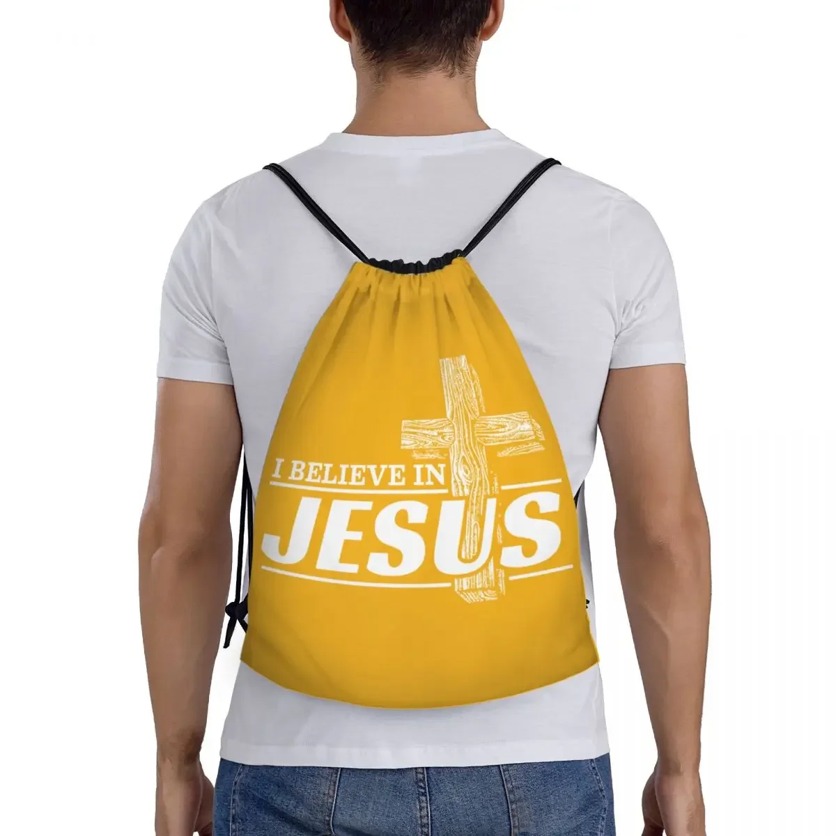 Sacos de cordão personalizados para treinamento, mochilas de ioga, ginásio, esportes de fé cristã, acredito em Jesus Cristo, mulheres e homens