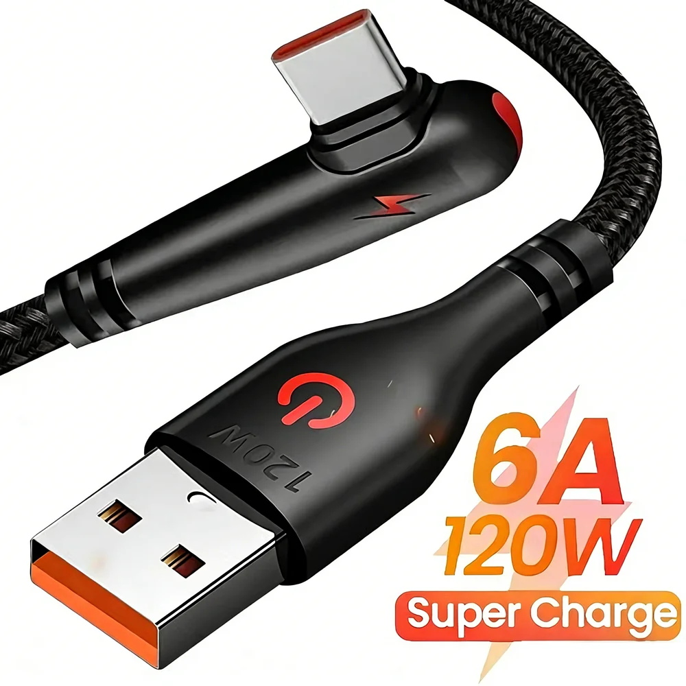 

90 Degree Elbow 120W Type C Fast Charge Cable For Huawei Honor Xiaomi Redmi POCO VIVO iQOO Quick Charging USB Type-C Phone Cable
