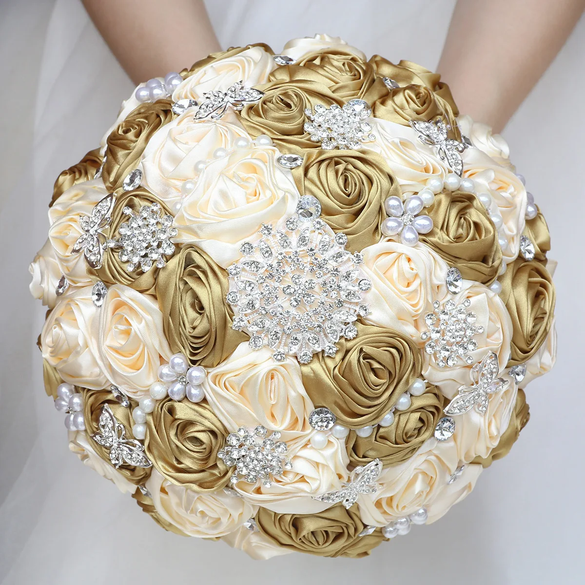 

Gold and Cream Bridal And Bridesmaid Bouquets Exquisite Rhinestones Silk Roses And Pearls Handmade Sisters Wedding Bouquets