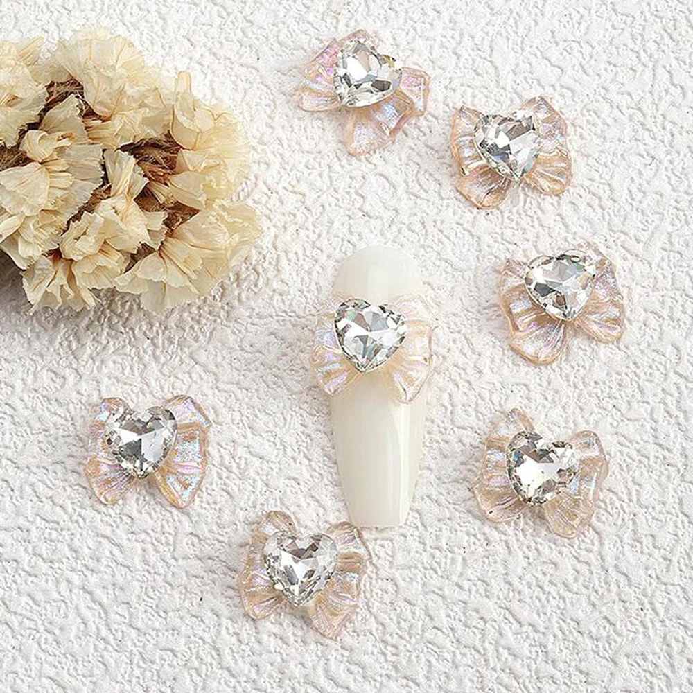 10pcs 3D Heart Diamond Bowknot Nail Charms Ice Transparent Bow Nail Art Decorations 13.5*12.5mm Love Gems Ribbon Nails Supplies