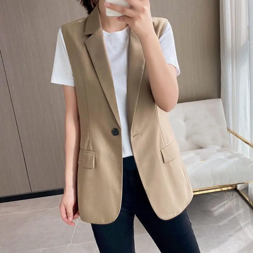 Women Stylish Vest for Women Solid Color Turn-down Collar Coat Elegant Long Overcoat with Back-slit Design Chic for Female