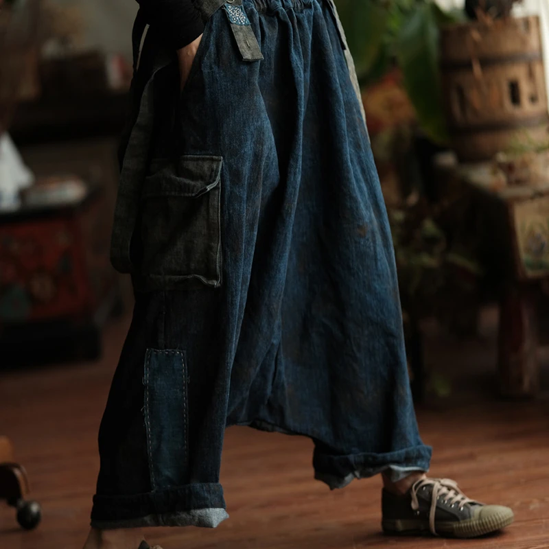 

100% Cotton Women Casual Harem Pants New Arrival 2025 Autumn Vintage Style Big Pocket Loose Comfortable Female Overalls M1874