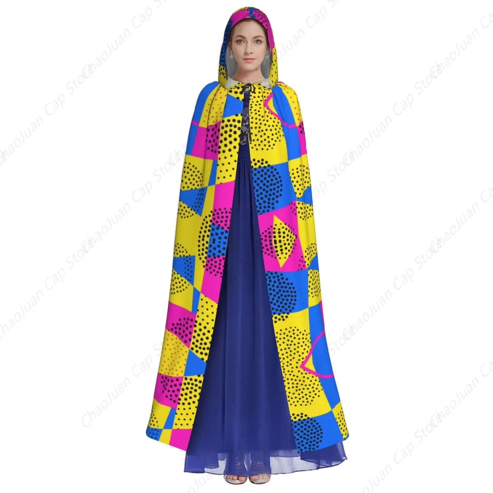 Abstract Vintage Geometric Pattern Full Long Hooded Cloaks for Fancy Cosplay Costume, Mysterious Tunic Priest Cloak Outwear