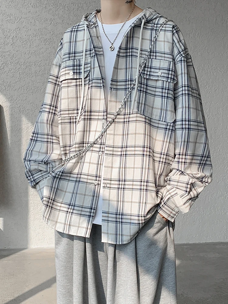 

Молодежный клетчатый кардиган с длинными рукавами, повседневный свободный крой, из смесового полиэстера и хлопка, весна-лето, мужской и женский, с капюшоном, на молнии