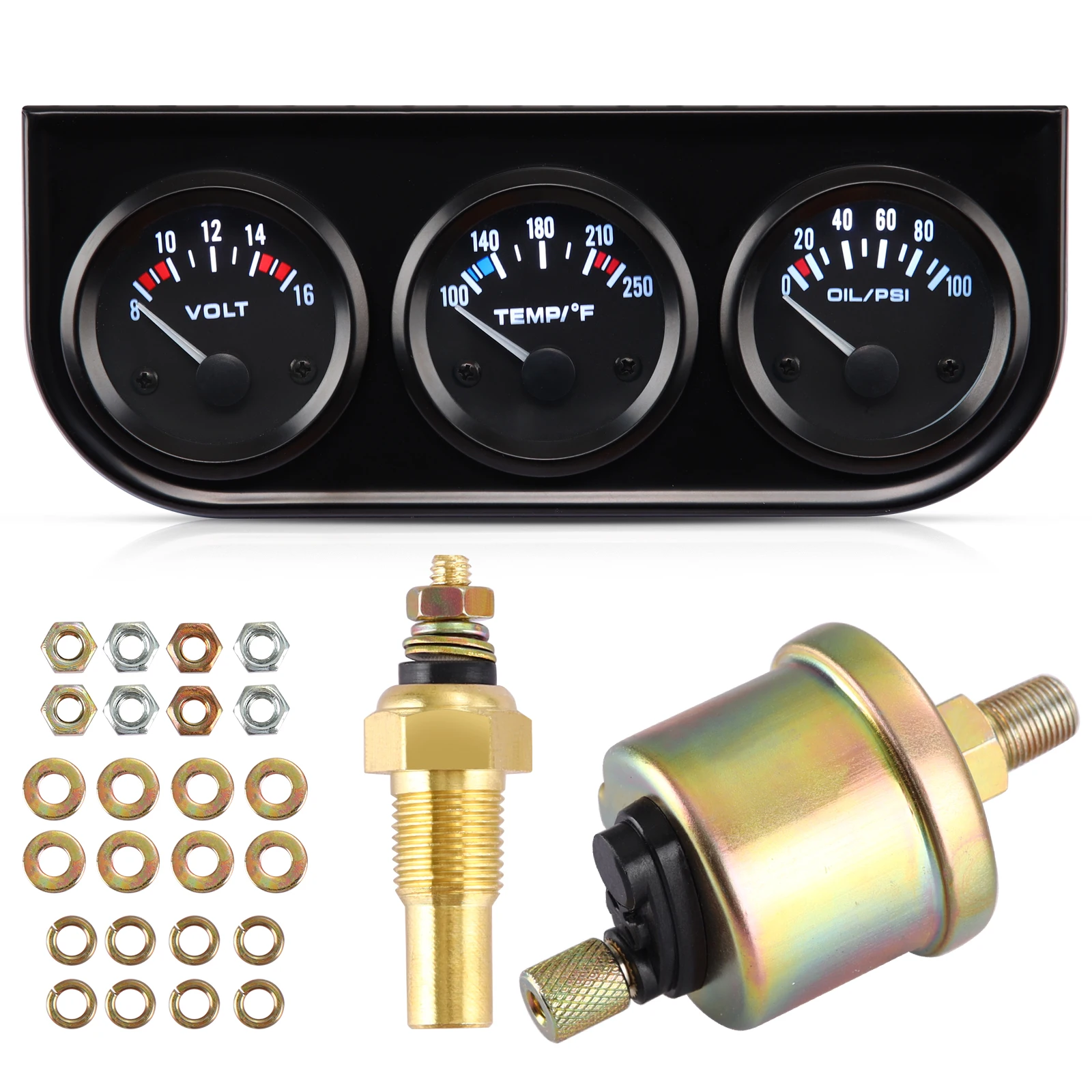 

Car Meter Auto Gauge Kit Volt Pressure Meter Water Temp Gauge Oil Pressure 2"52mm 3 In 1 Suitable For 12V Cars Trucks SUVs etc