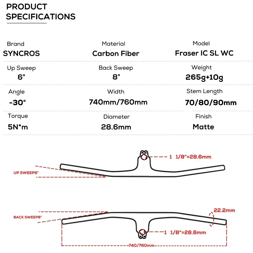 

Syncros FRASER IC SL WC для рамы Sparks -30 ° Руль для горного велосипеда 740 мм из цельного карбона с титановым креплением