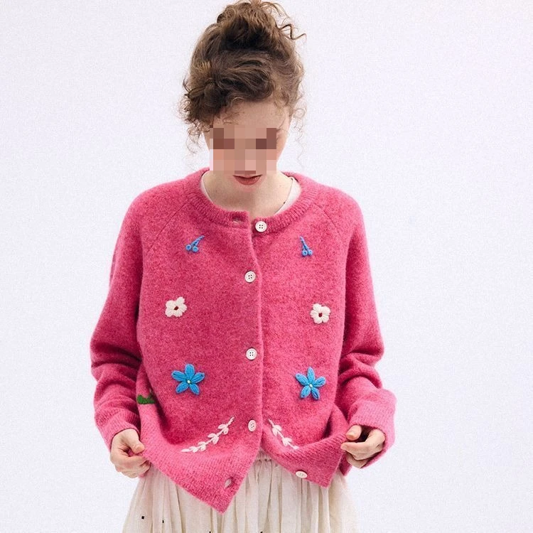 

Kimotimo, вязаный кардиган с милой цветочной вышивкой, женский осенне-зимний свободный свитер с круглым вырезом и длинными рукавами, пальто, модные шикарные топы